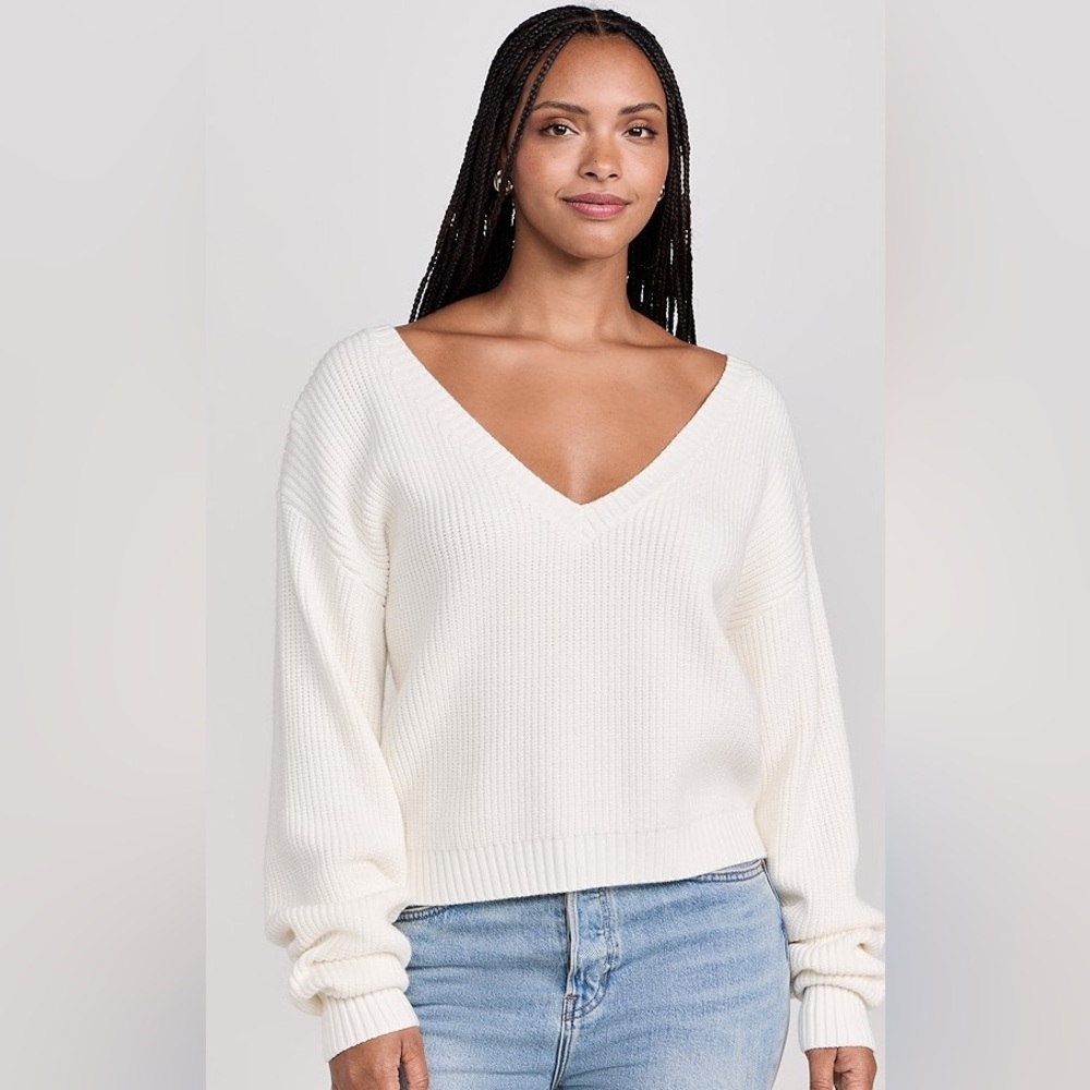 Good American Cream Deep V-Neck Sweater